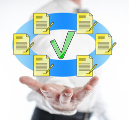 Document validation concept levitating above a hand