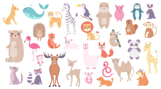 cute woodland and tropical characters - bear, lion,  hedgehog, toucan, lynx, owl, flamingo, giraffe, monkey, panda, leopard, hippopotamus. Cute forest animals. Vector illustration for wallpaper party 