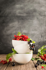 Fresh ripe red black currant berry in white bowls stand in a pile on the table. Vertical frame. Selective focus.