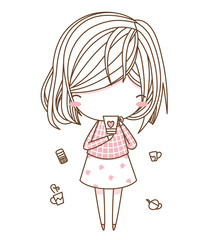 Cute young girl or women drinking coffee in pink grid pattern dress,smiling emotions. Vector illustration in simple flat style isolated on white background. Character design