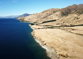Aerial view of Lake Hawea & road to the West Coast, New Zealand