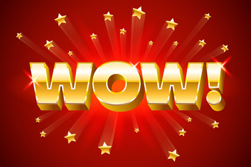 Gold wow inscription on red background or banner with stars, emotion expression, vector illustration.