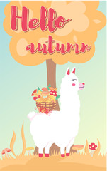 Cute funny llama, alpaca with flower and wicker basket of mushrooms. Hello autumn lettering