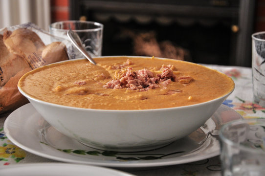 Family size plate of homemade delicious traditional Porra antequerana soup. This gazpacho and salmorejo family of soups is originating in Andalusia, in southern Spain and is normaly served as tapas