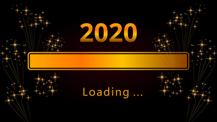 2020 Happy New Year eve bright golden loading progress bar with fireworks isolated on black background. Holiday web banner, poster, greeting card or invitation, end of year template. Copy space.