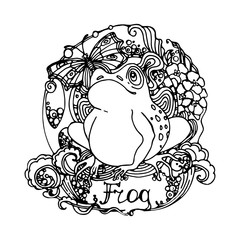 Illustration with a frog, butterfly and plants.