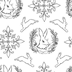 Seamless background with royal lily, hares and a wreath of carrots, twigs, leaves and berries.