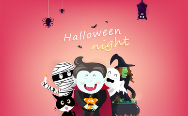 Happy Halloween greeting card party, vampire, witch, mummy, bat, spider, cat and pumpkin, cartoon characters invitation poster background vector