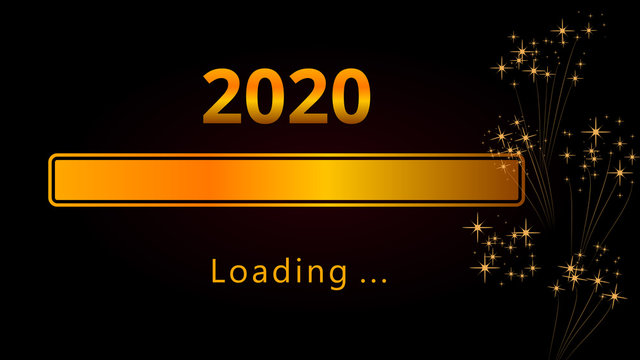 2020 Happy New Year shiny golden loading progress bar with fireworks and sparkles isolated on black background. Download screen. Holiday banner, poster, greeting card or invitation template. .
