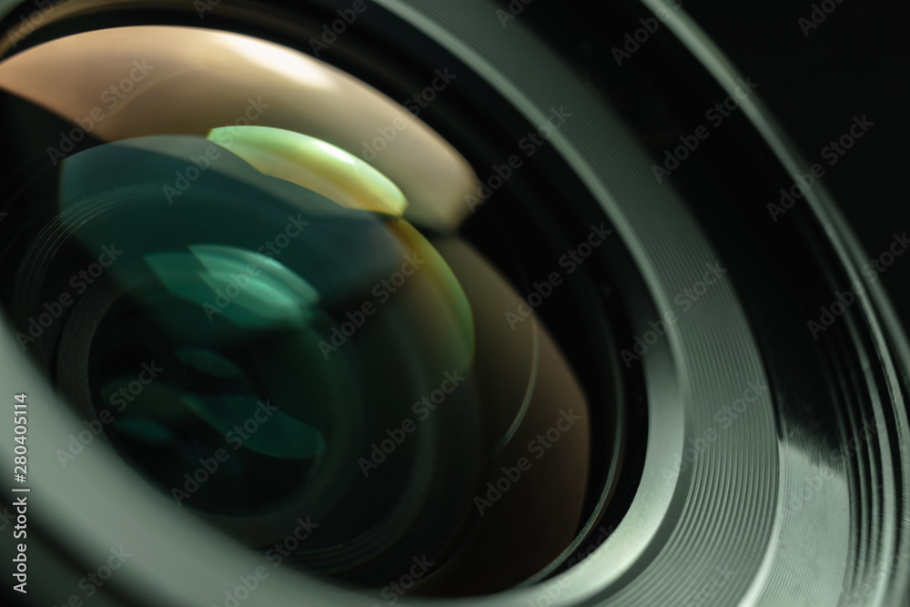 Poster close up beautiful camera lens background. macro view.