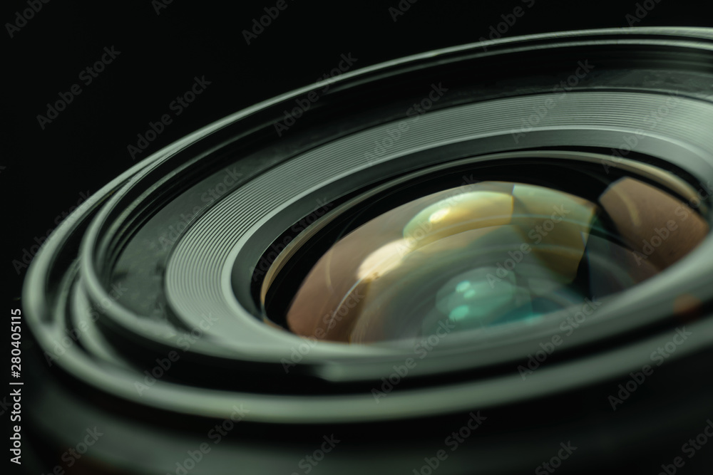 Poster close up beautiful camera lens background. macro view.