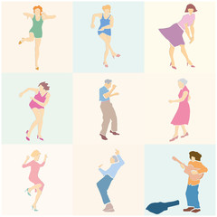 Set of single dancing women and men. Female and male silhouette. Retro style. Contemporary applique or paper cut style. Colorful vector abstract illustration.