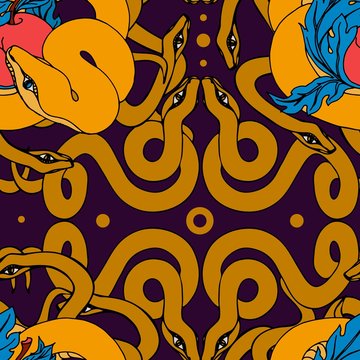 Seamless background with snakes and apples. Vector illustration made in free style.