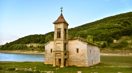  The Old St. Nicholas Church in Mavrovo was built in 1850. It was submerged in the local Mavrovo...