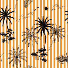 Hand drawn tropical botanical seamless pattern on orange and white stripes,for decorative,fashion,fabric,textile,print or wallpaper