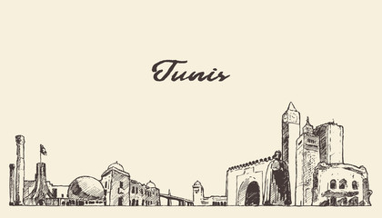 Tunis skyline Republic Tunisia drawn vector sketch © TheMountBirdStudio