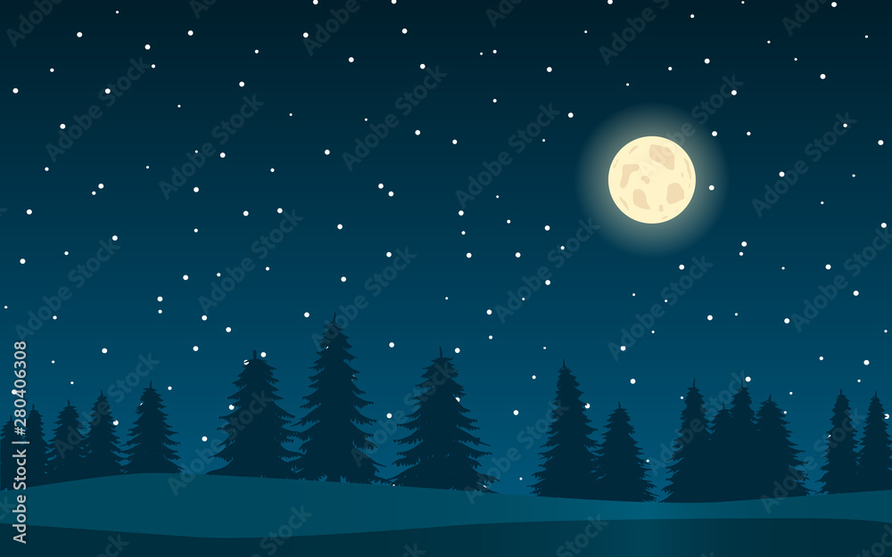 Wall mural background with night landscape with forest, moon and stars.