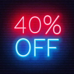 40 percent off neon lettering on brick wall background