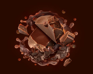 Melted liquid dark chocolate or sauce swirl 3D splash and broken chocolate bar pieces isolated on dark background. Hot melt milk chocolate syrup cream. Liquid chocolate whirl splash design element