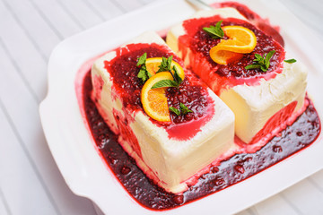 delicious ice cream cake with fruits