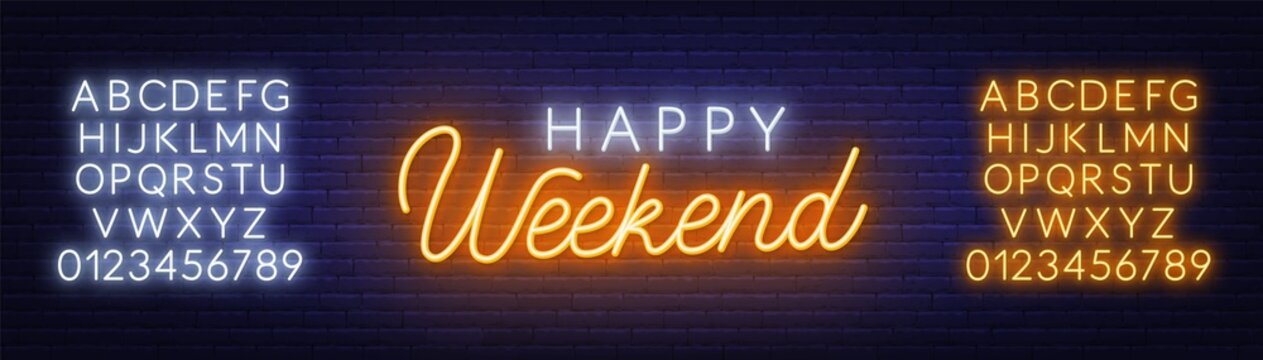 Happy weekend neon sign. Greeting card on dark background.