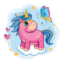 Beautiful pink unicorn in the clouds. Cute little pony. Romantic story. Wonderland. Children's illustration with animal, butterfly, clouds, stars and hearts. Vector.