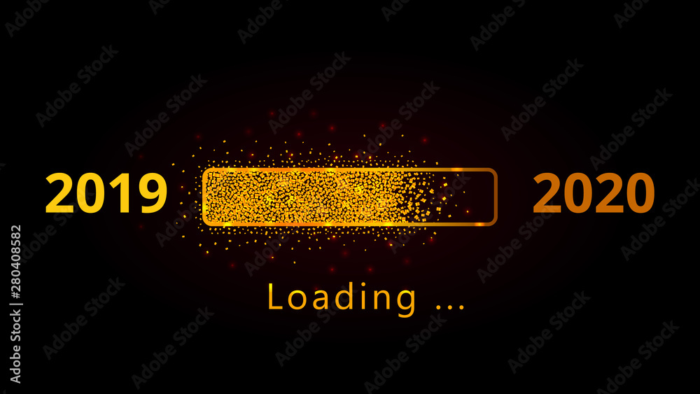 Wall mural 2020 new year loading golden glitter progress bar with red sparkles isolated on black background. ho