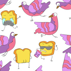 Toast and pigeon. Cartoon drawing. Loose vector pattern (background, print).