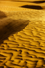 Fototapeta na wymiar Golden dune with sand ripples texture, dusk storm, wind, particles of sand