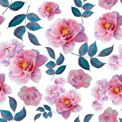 Watercolor floral pattern and seamless background of peony and leaf. Hand painted. Gentle design for fabric, wrap paper or wallpaper. Raster illustration.