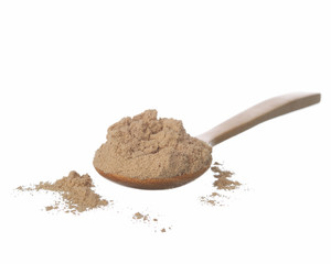 Chocolate Protein Powder in wooden spoon isolated on white background.