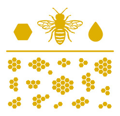 Honey Icon Set with Honeybee and Different Honeycomb Arrangements.