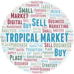 Tropical Market word cloud. Vector made with text only.