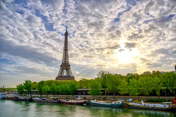 Fototapeta na wymiar The Eiffel Tower across the Seine River in Paris, France on a sunny day with beautiful clouds.