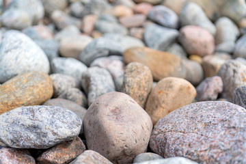 Fototapeta na wymiar Pebbles on the shore. Round stones on the coast.