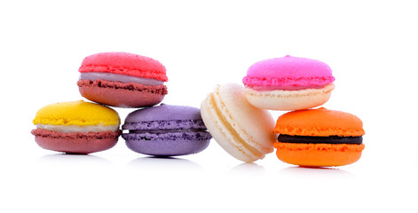 Sweet and colourful french macaron on white background