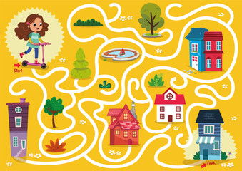 Scooter girl maze game in urban theme. Vector illustration. © armation