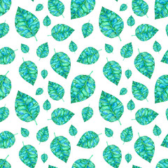 Watercolor seamless pattern with green leaves  on white background. Hand painted illustration.  