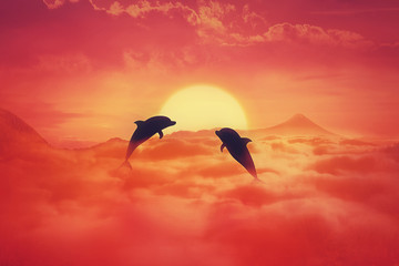 Silhouette of two playful dolphins jumping above the clouds against sunset background. Surreal wild life landscape scene screen saver