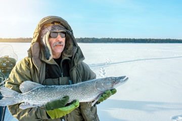 man winter is holding a fish pike closeup of winter fishing. winter sports Hobbies