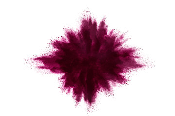 Freeze motion of purple color powder exploding on white background.