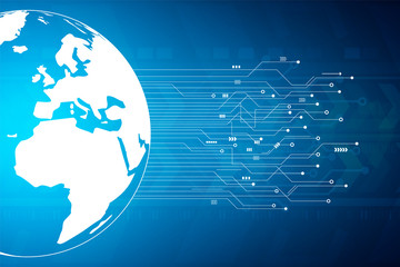 Fototapeta premium Connection concept, Abstract technology speed background, blue circuit with globe map