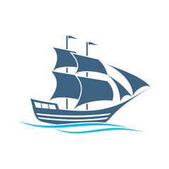 blue tall ships or sailing ships with their full sails set , boat logo design