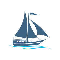 blue tall ships or sailing ships with their full sails set , boat logo design