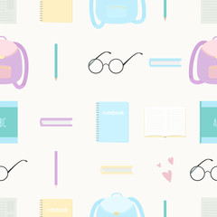 Vector seamless pattern with school backpack, books, pencils, glasses on white background.  For decoration, invitation, fabric and textile print, wallpapers, gift and wrapping paper.