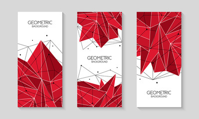Polygonal red abstract futuristic template, low poly sign on white background. Vector lines, dots and triangle shapes, connecting network. Brochure template, cover layout, magazine, flyer design.
