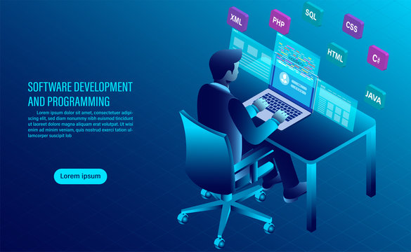 software development and coding. programming of concept. data processing. Computer code with window interface. flat isometric illustration