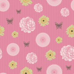 Pink flowers and butterflies pattern print. Roses and sunflowers on kraft paper seamless vector background design.