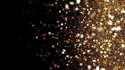 3d Illustration, Small gold dust, graphics of fire flakes, particle points and yellow-orange circles at the right of the frame