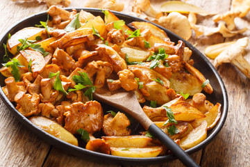 Homemade fried potatoes with forest mushrooms chanterelles close-up on a plate. horizontal